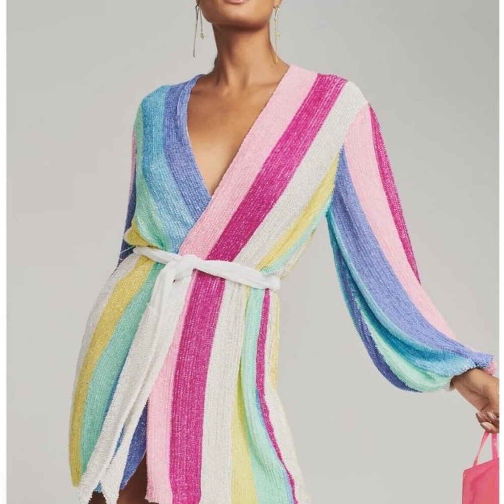 Retrofite Sequin Rainbow Stripe Wrap Dress - Size Medium